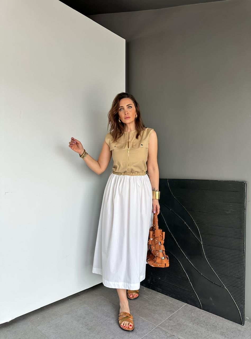 Camel Beli İpli Cepli Poplin Elbise