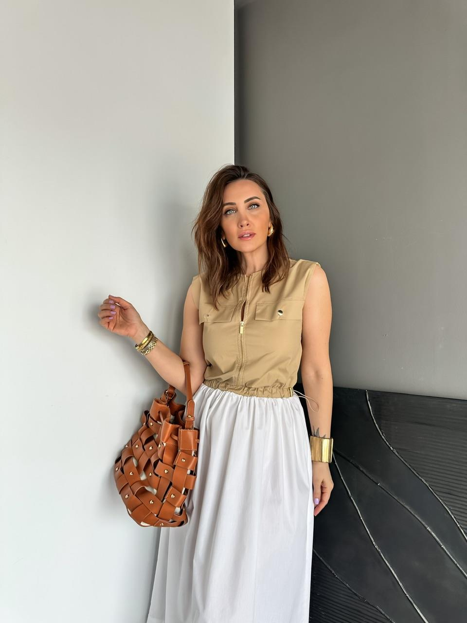 Camel Beli İpli Cepli Poplin Elbise