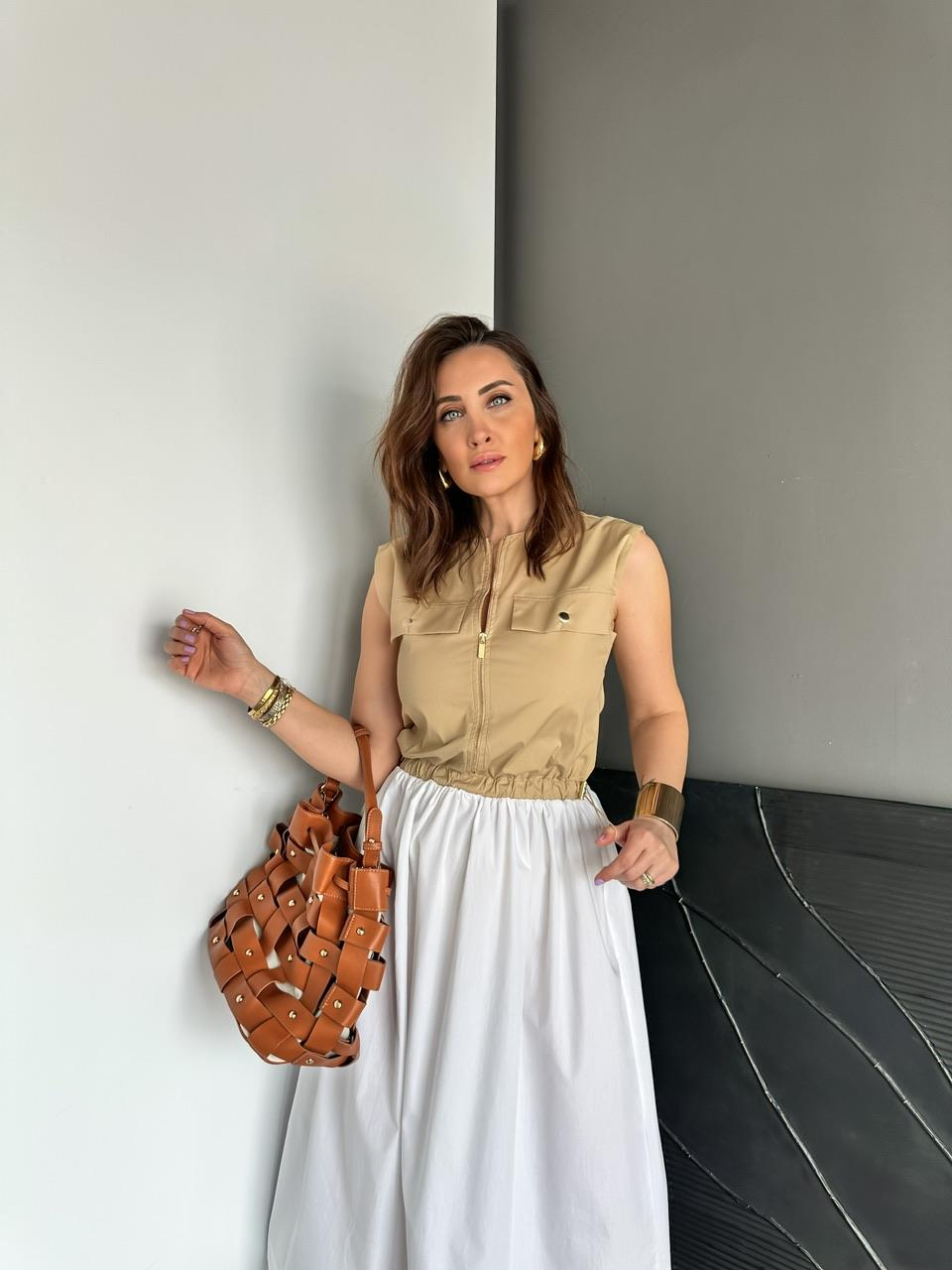 Camel Beli İpli Cepli Poplin Elbise