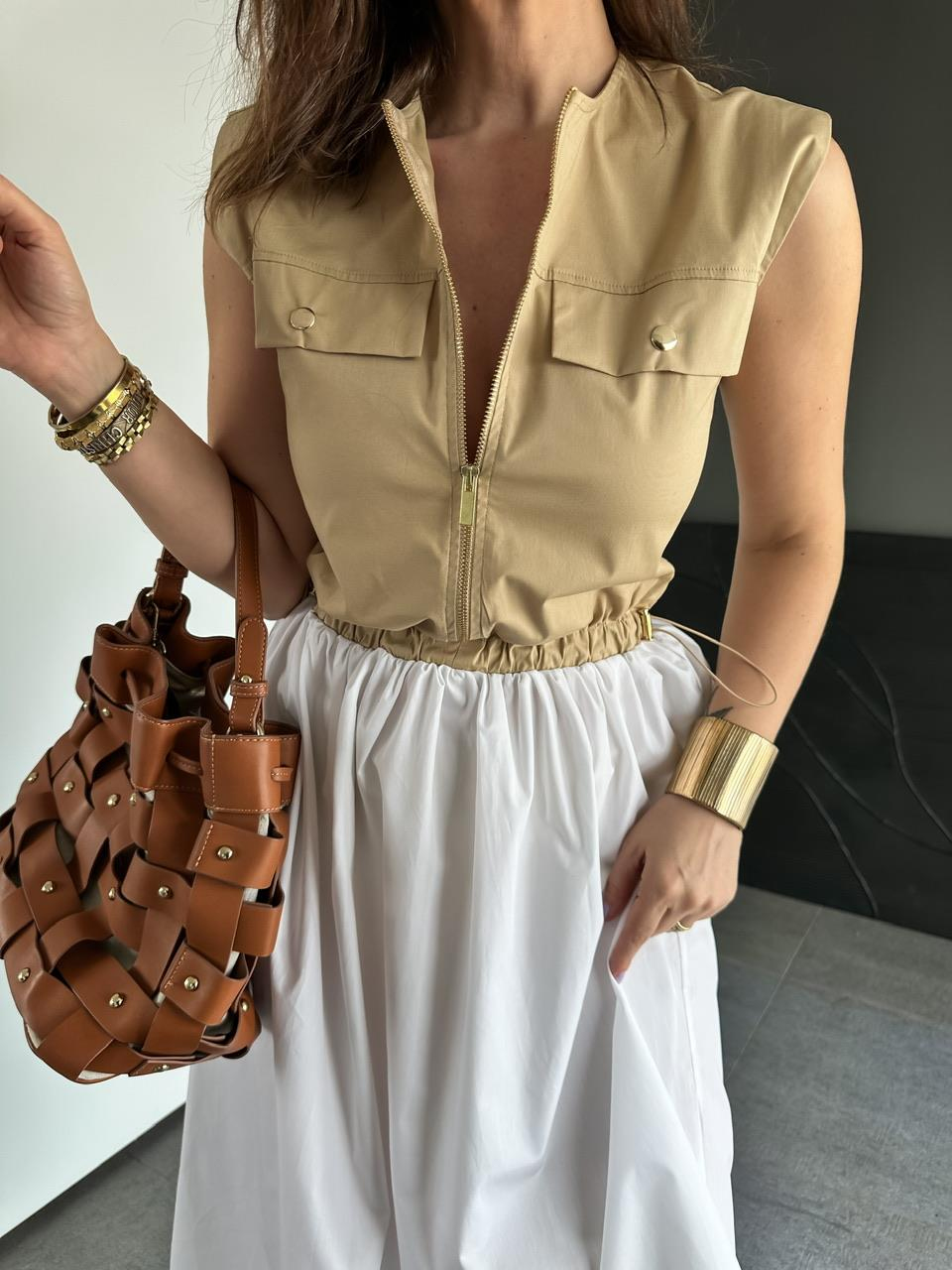 Camel Beli İpli Cepli Poplin Elbise