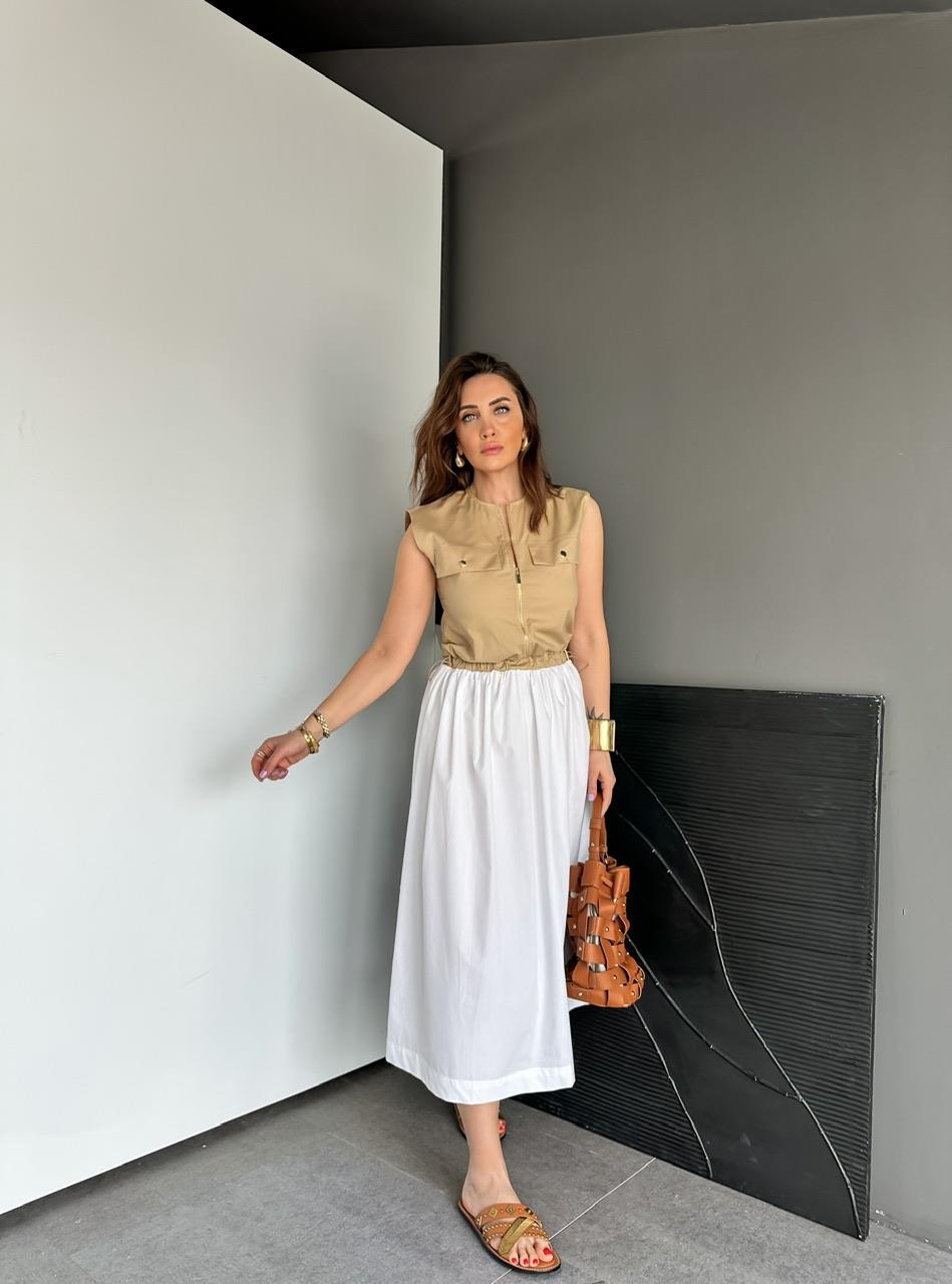 Camel Beli İpli Cepli Poplin Elbise