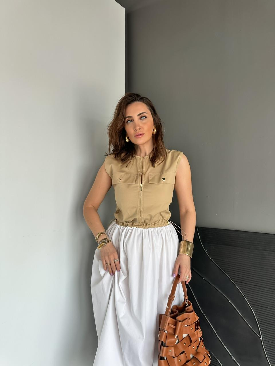 Camel Beli İpli Cepli Poplin Elbise