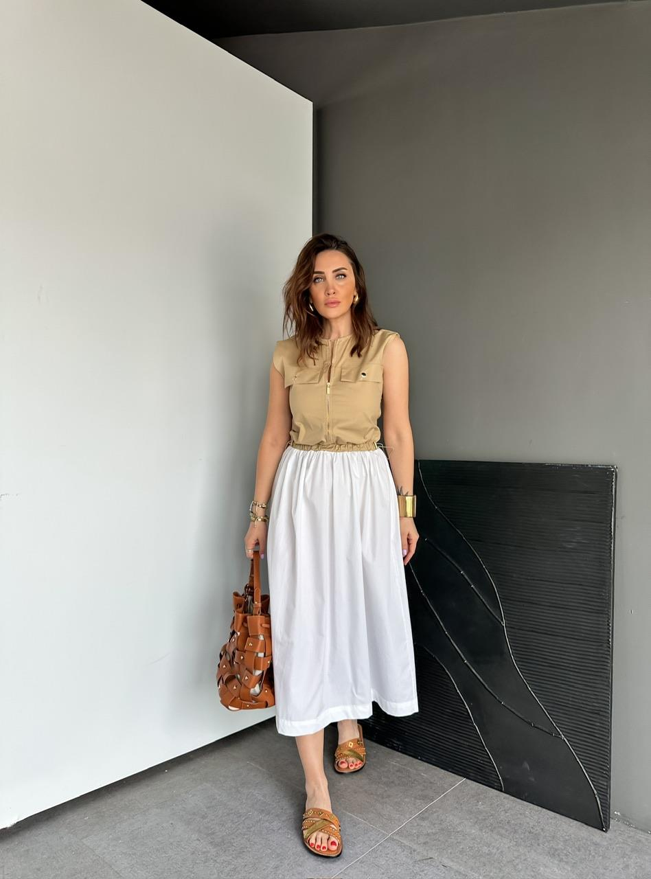 Camel Beli İpli Cepli Poplin Elbise