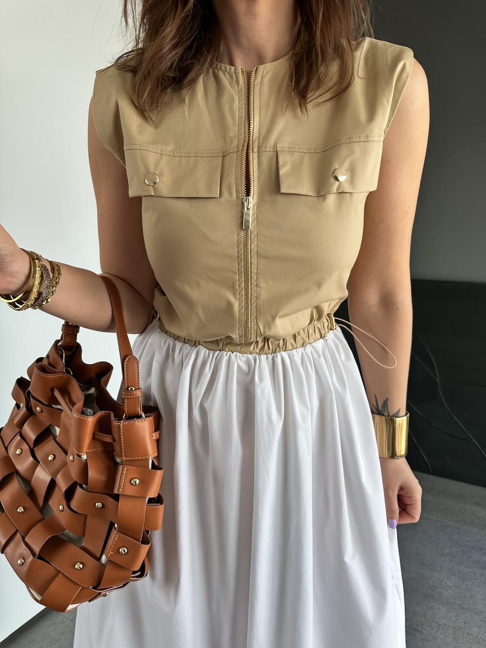 Camel Beli İpli Cepli Poplin Elbise