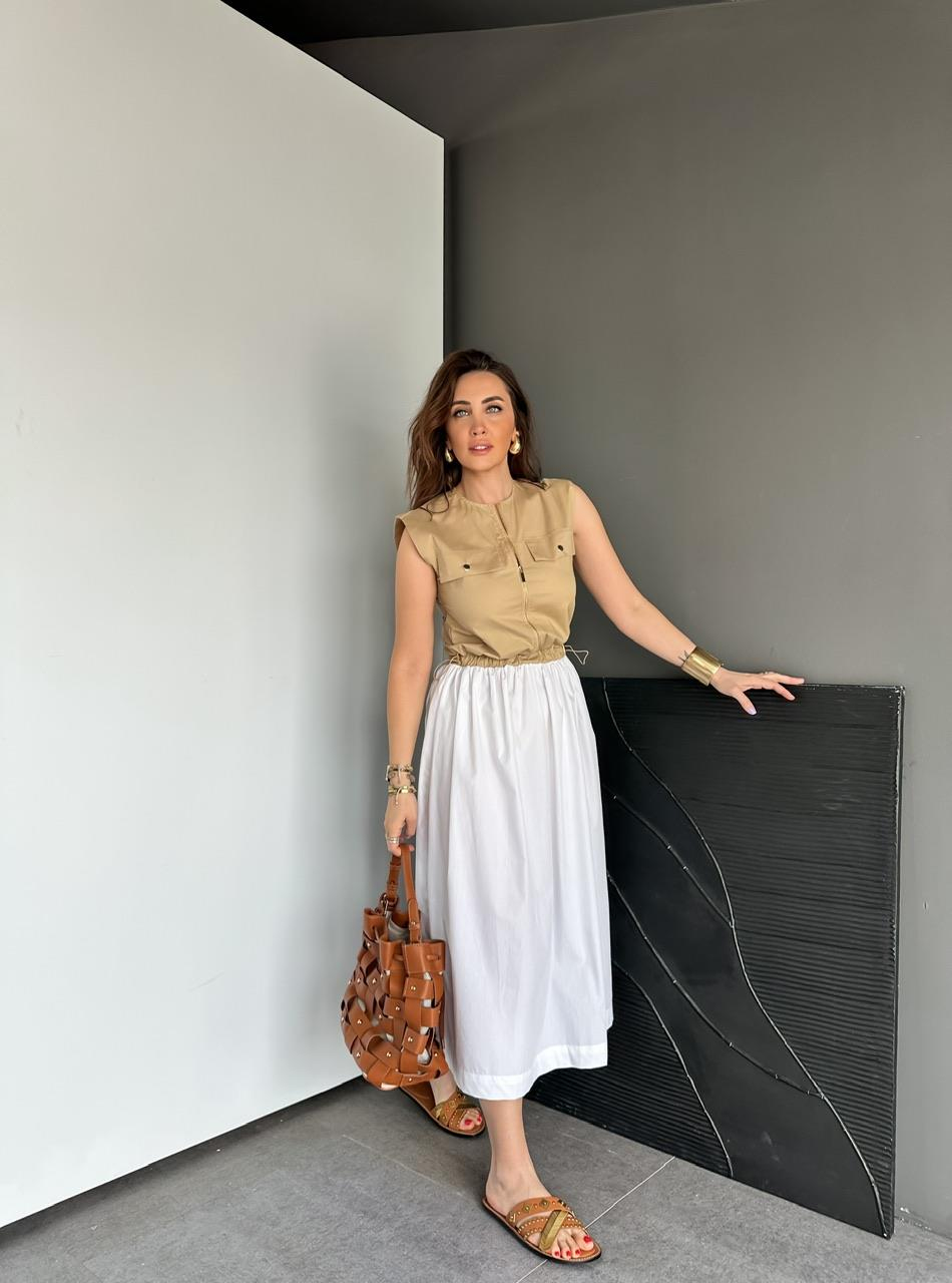 Camel Beli İpli Cepli Poplin Elbise