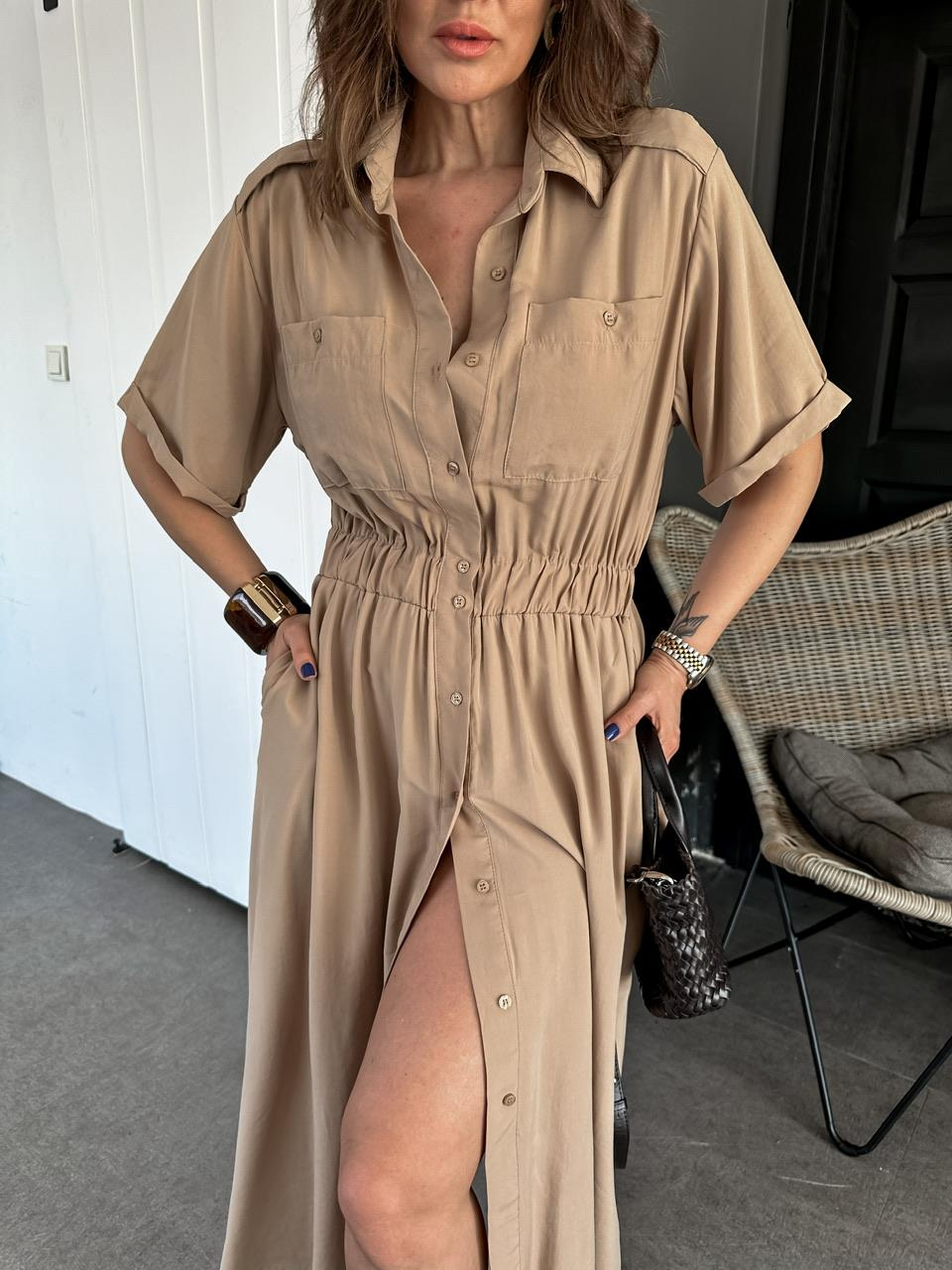Camel Beli Lastikli Cepli Safari Elbise
