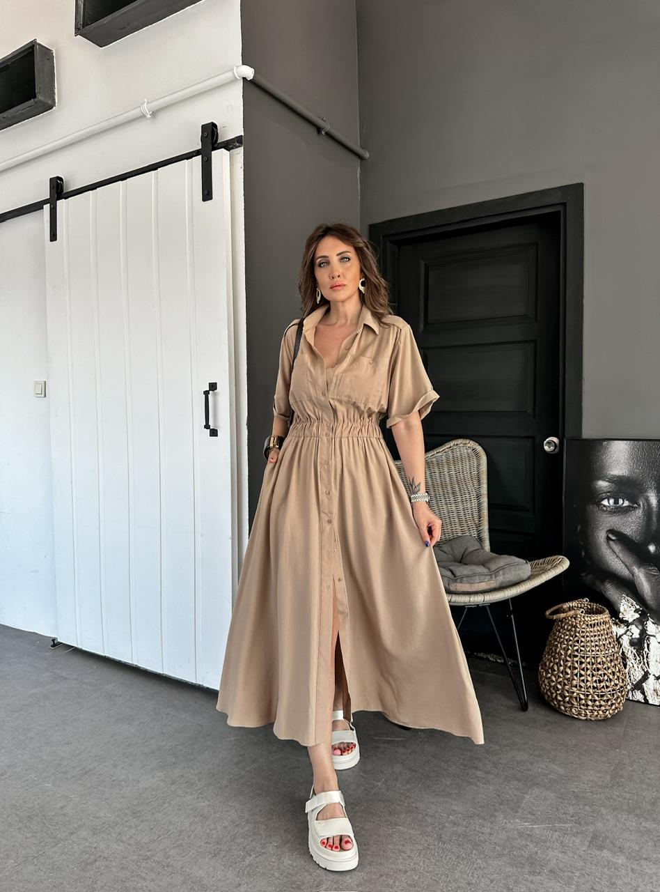 Camel Beli Lastikli Cepli Safari Elbise