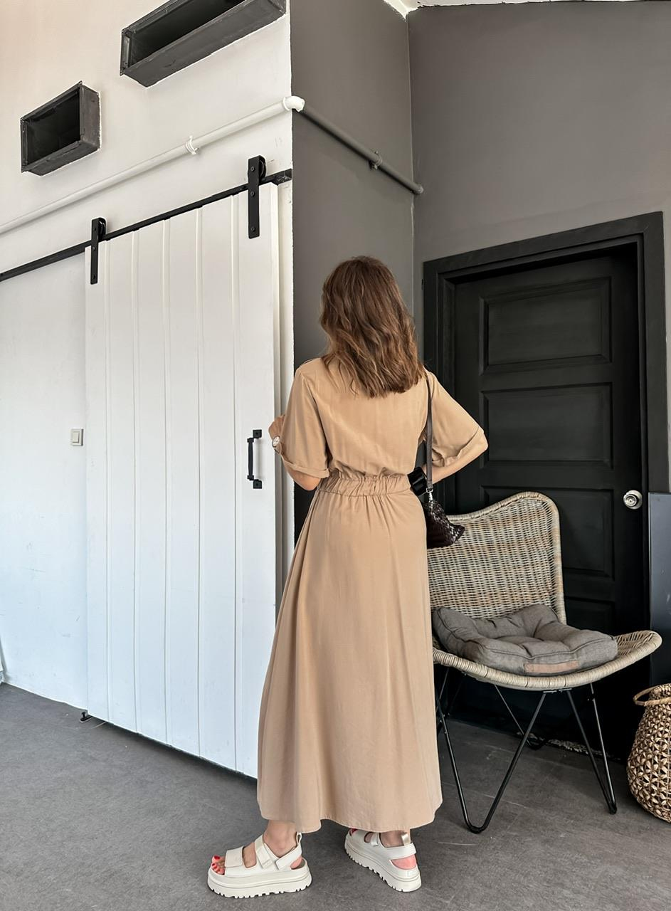 Camel Beli Lastikli Cepli Safari Elbise