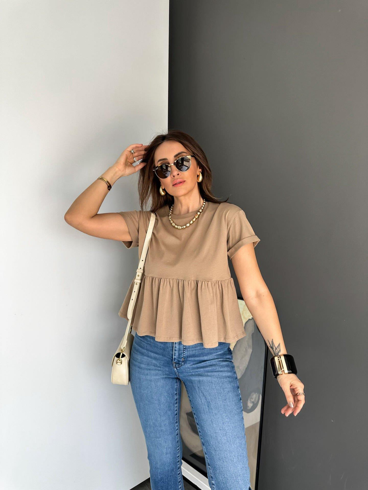 Camel Beli Volanlı Cotton Tshirt