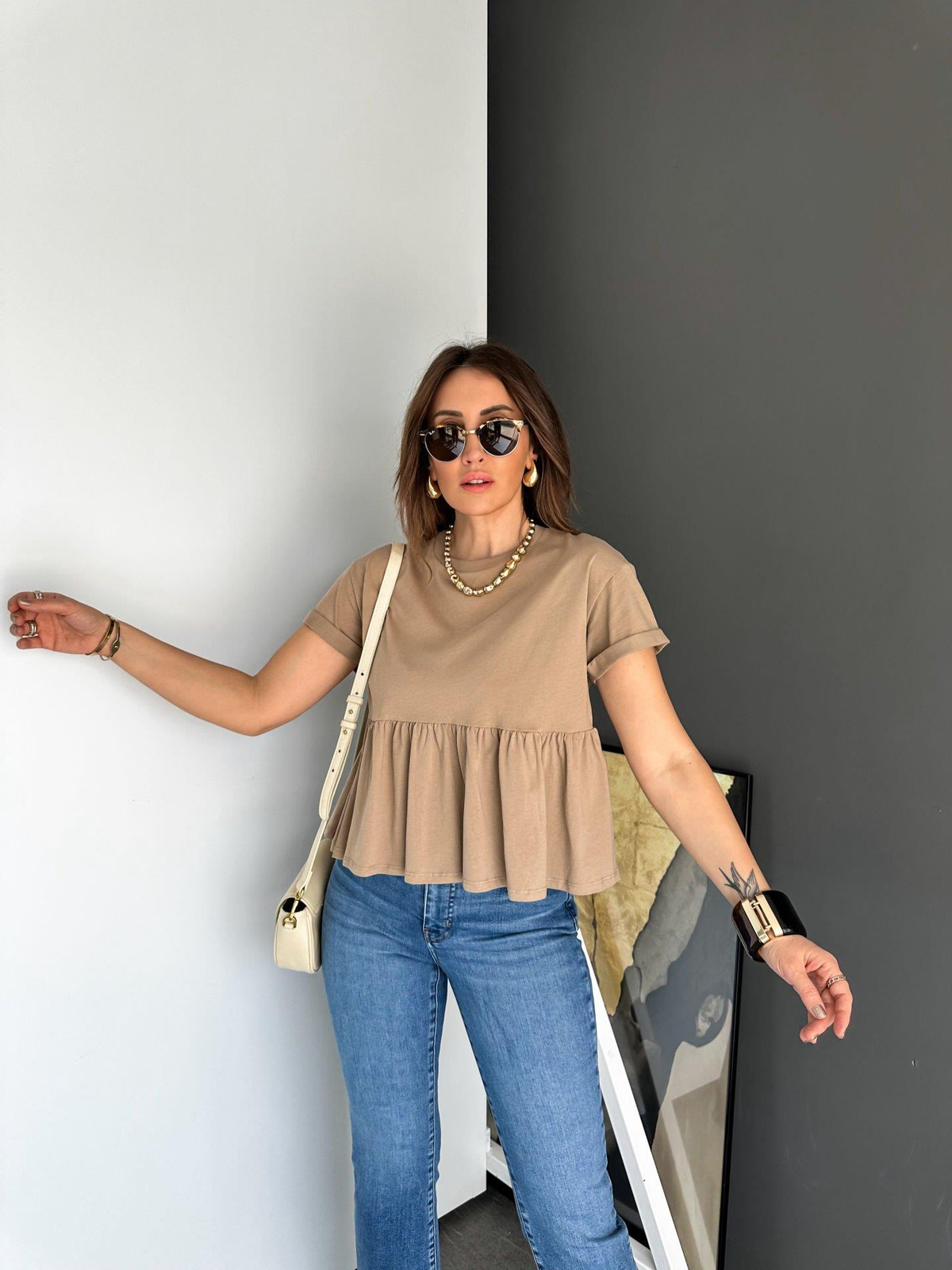 Camel Beli Volanlı Cotton Tshirt
