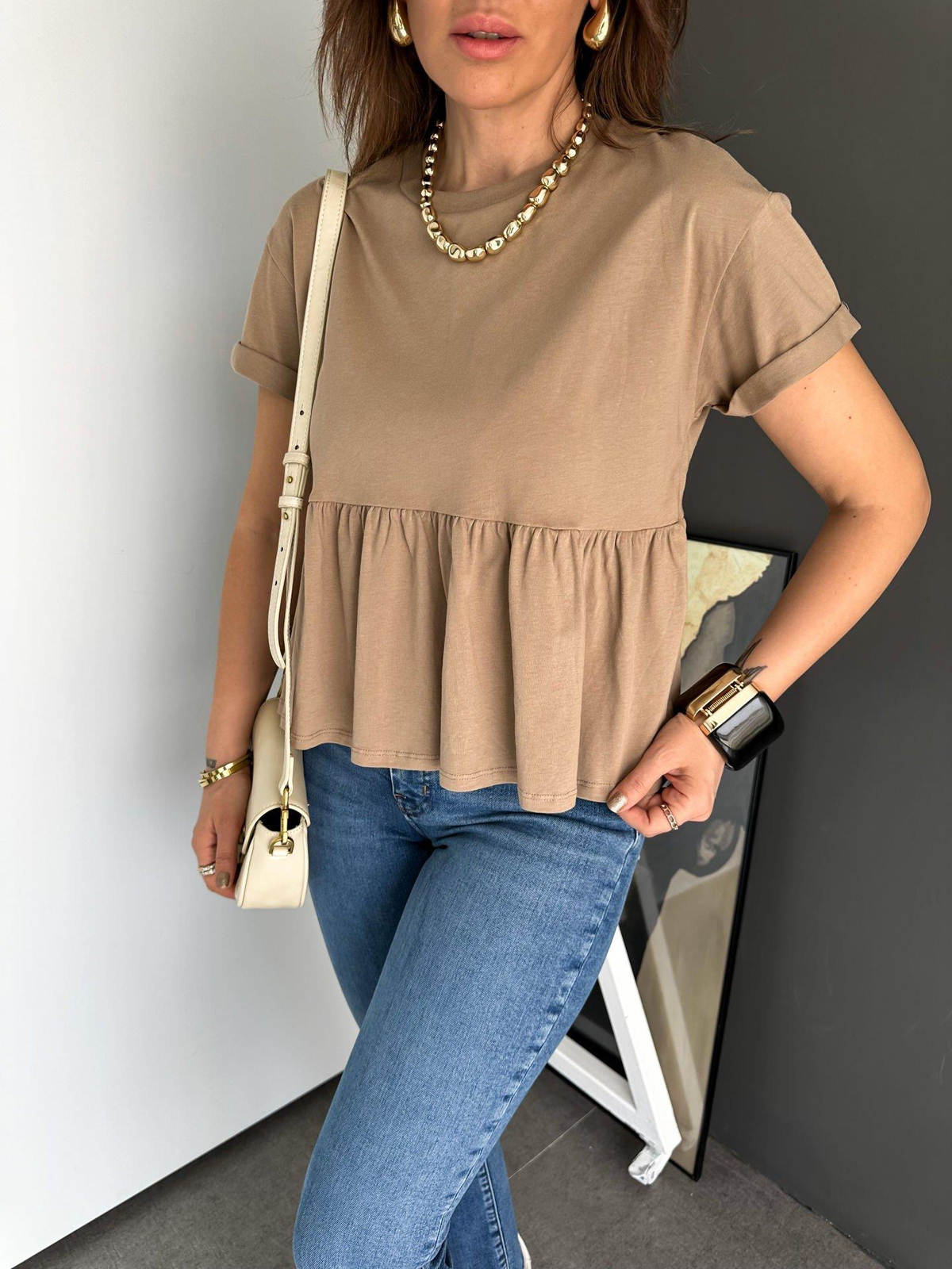 Camel Beli Volanlı Cotton Tshirt