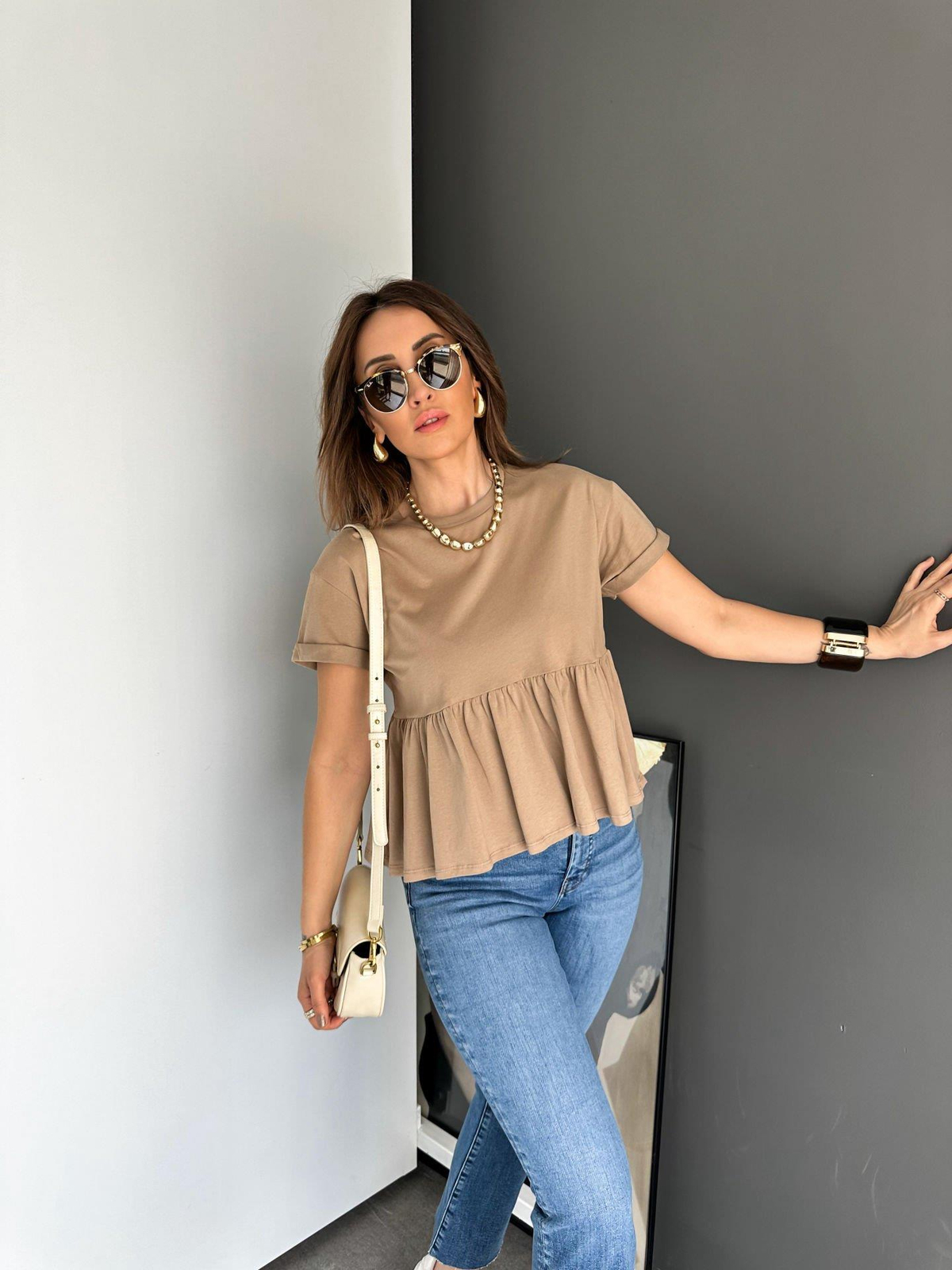 Camel Beli Volanlı Cotton Tshirt