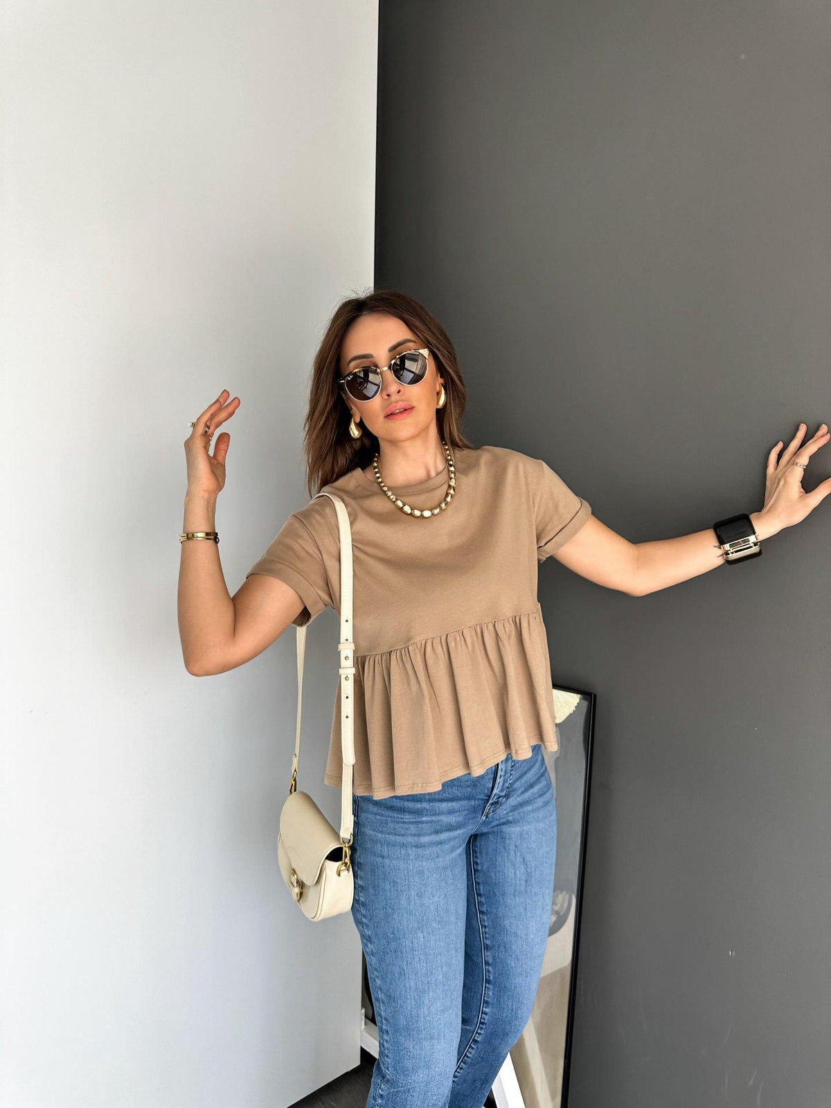 Camel Beli Volanlı Cotton Tshirt
