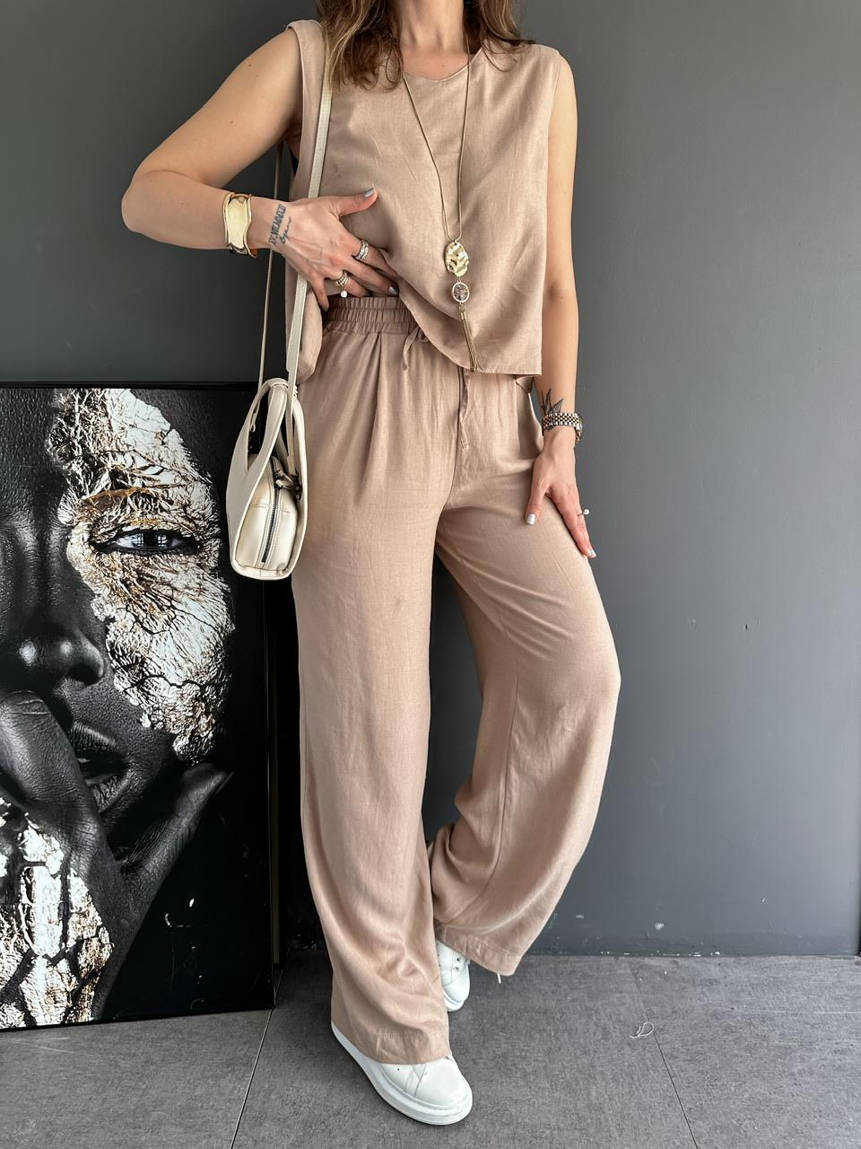Camel Bluz Pantolon Keten Takım