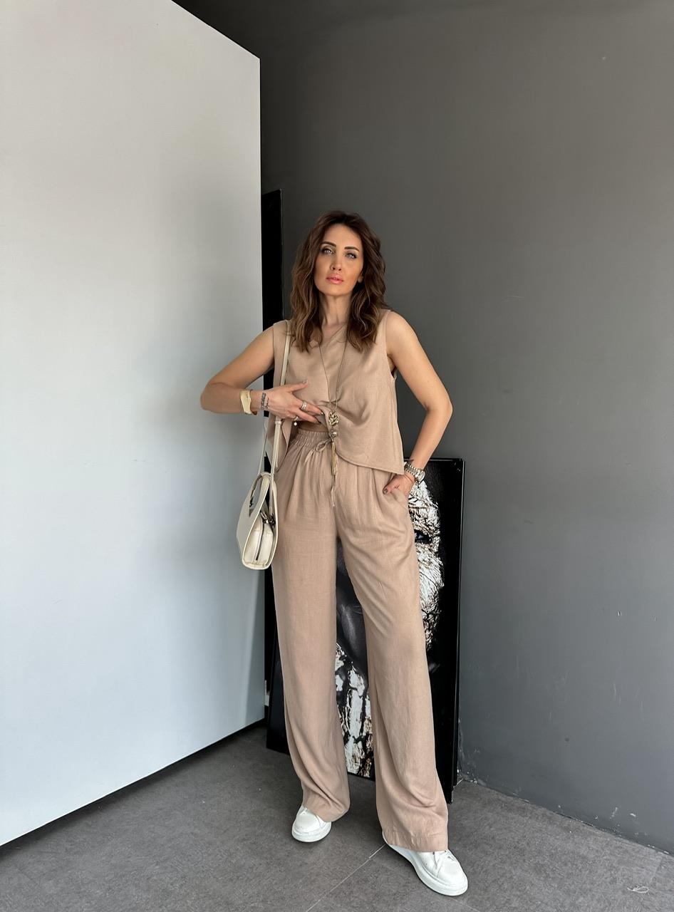 Camel Bluz Pantolon Keten Takım