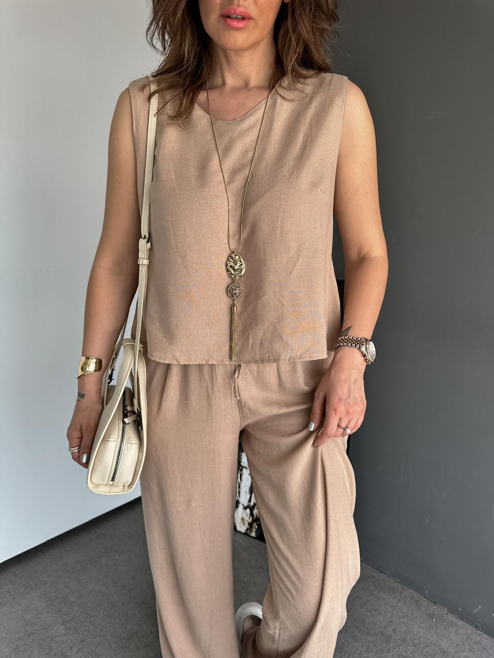 Camel Bluz Pantolon Keten Takım
