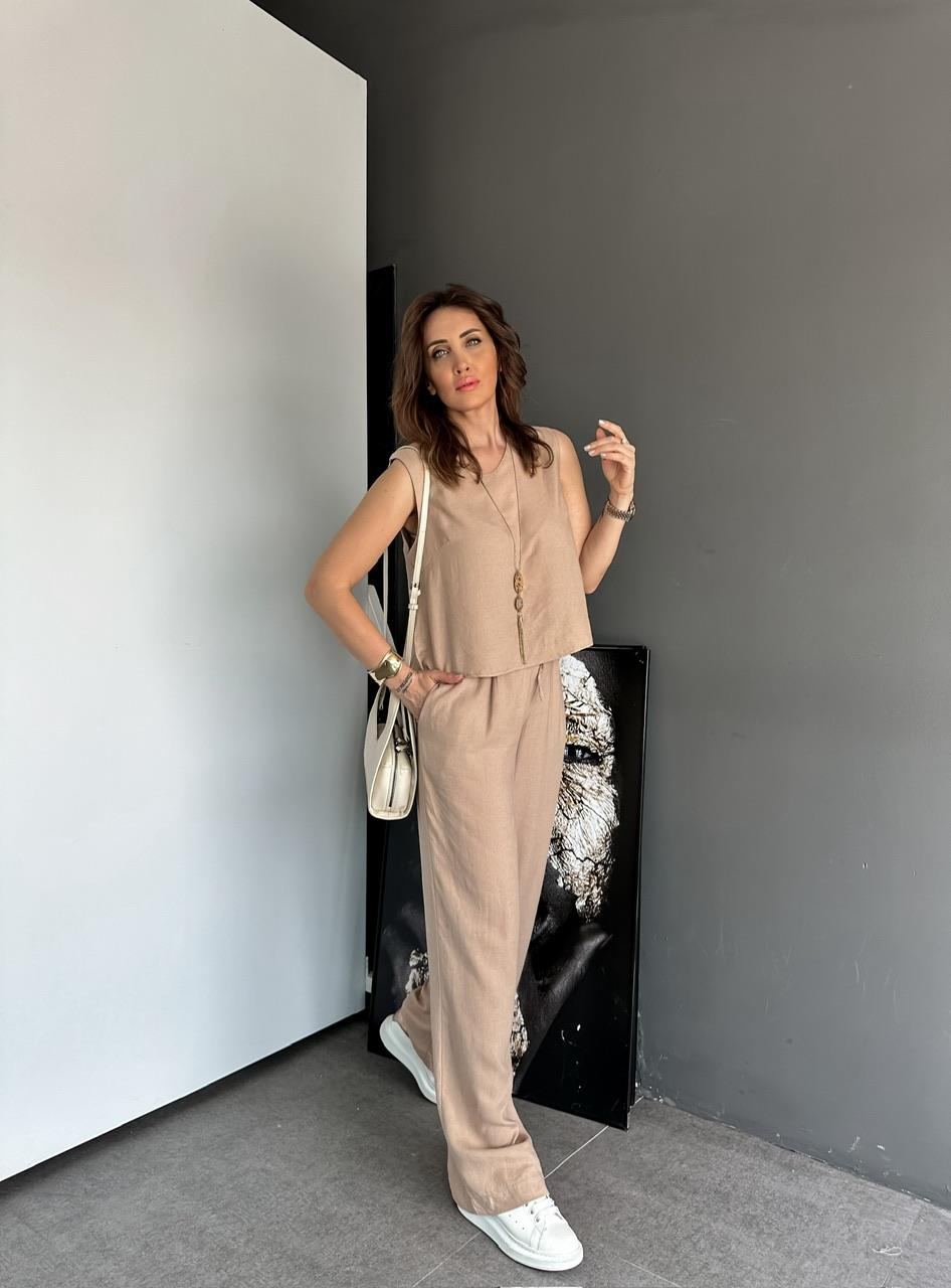 Camel Bluz Pantolon Keten Takım