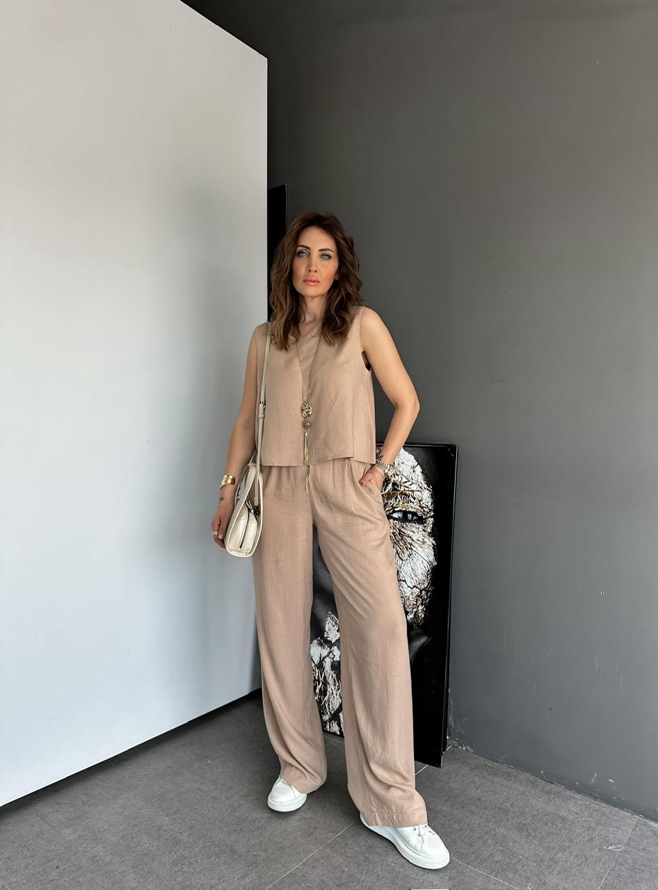 Camel Bluz Pantolon Keten Takım