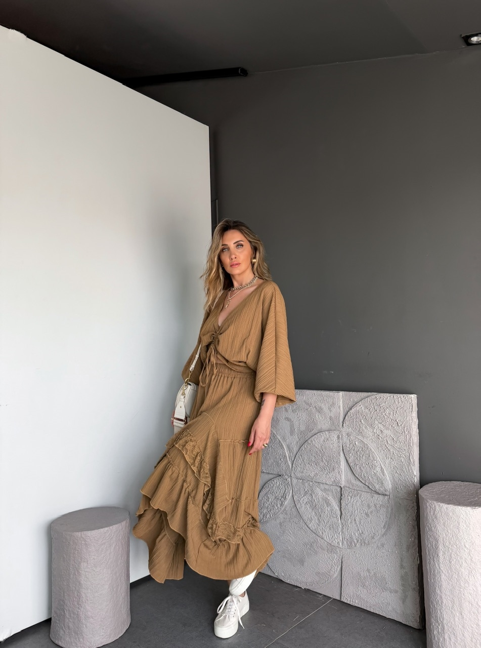 Camel Büzgü Detaylı Etekli Bohem Takım