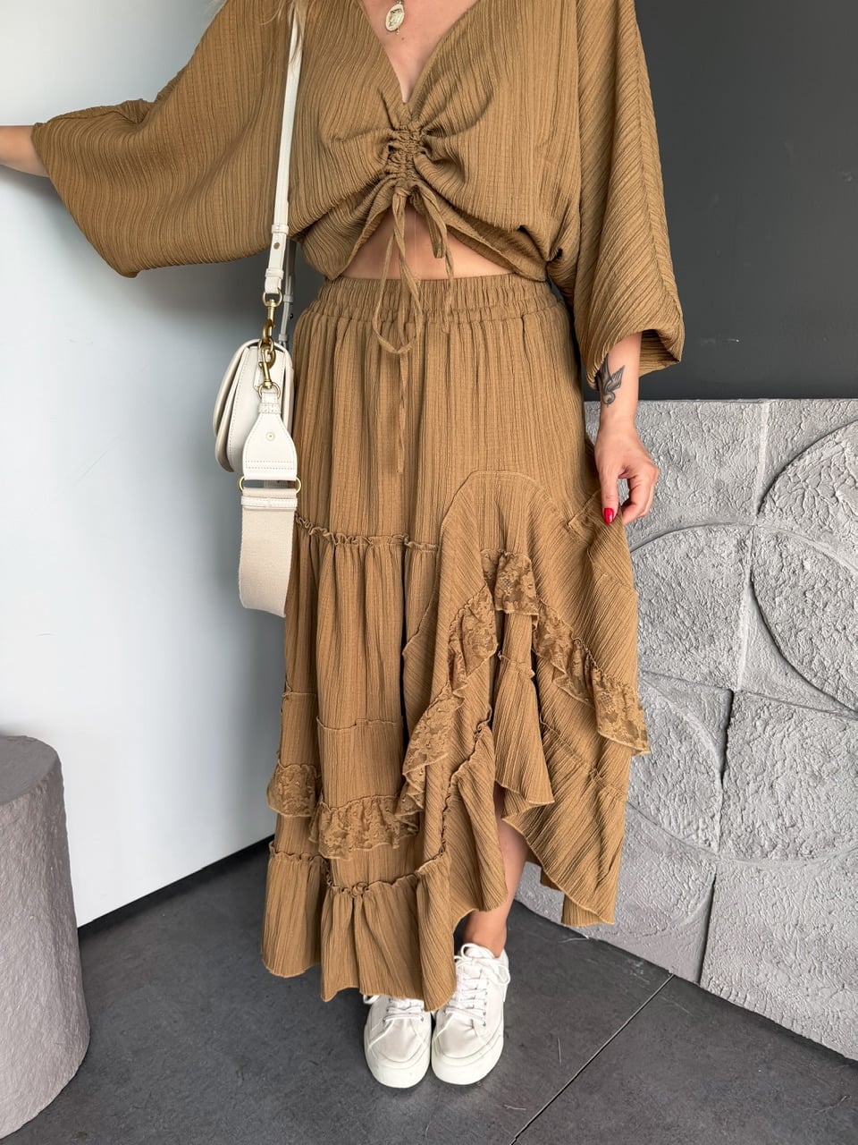 Camel Büzgü Detaylı Etekli Bohem Takım