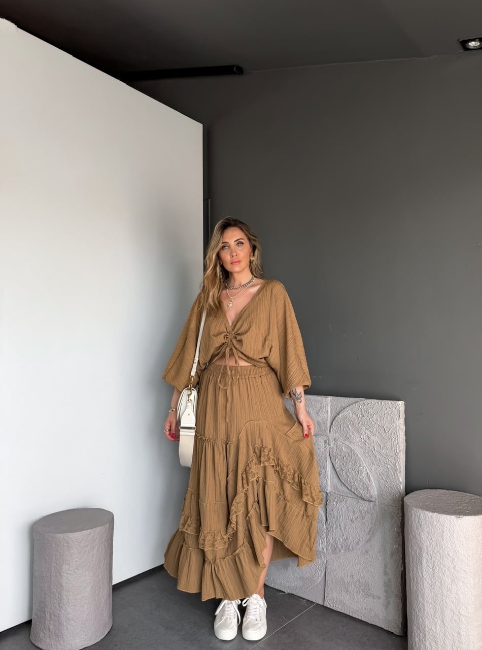 Camel Büzgü Detaylı Etekli Bohem Takım
