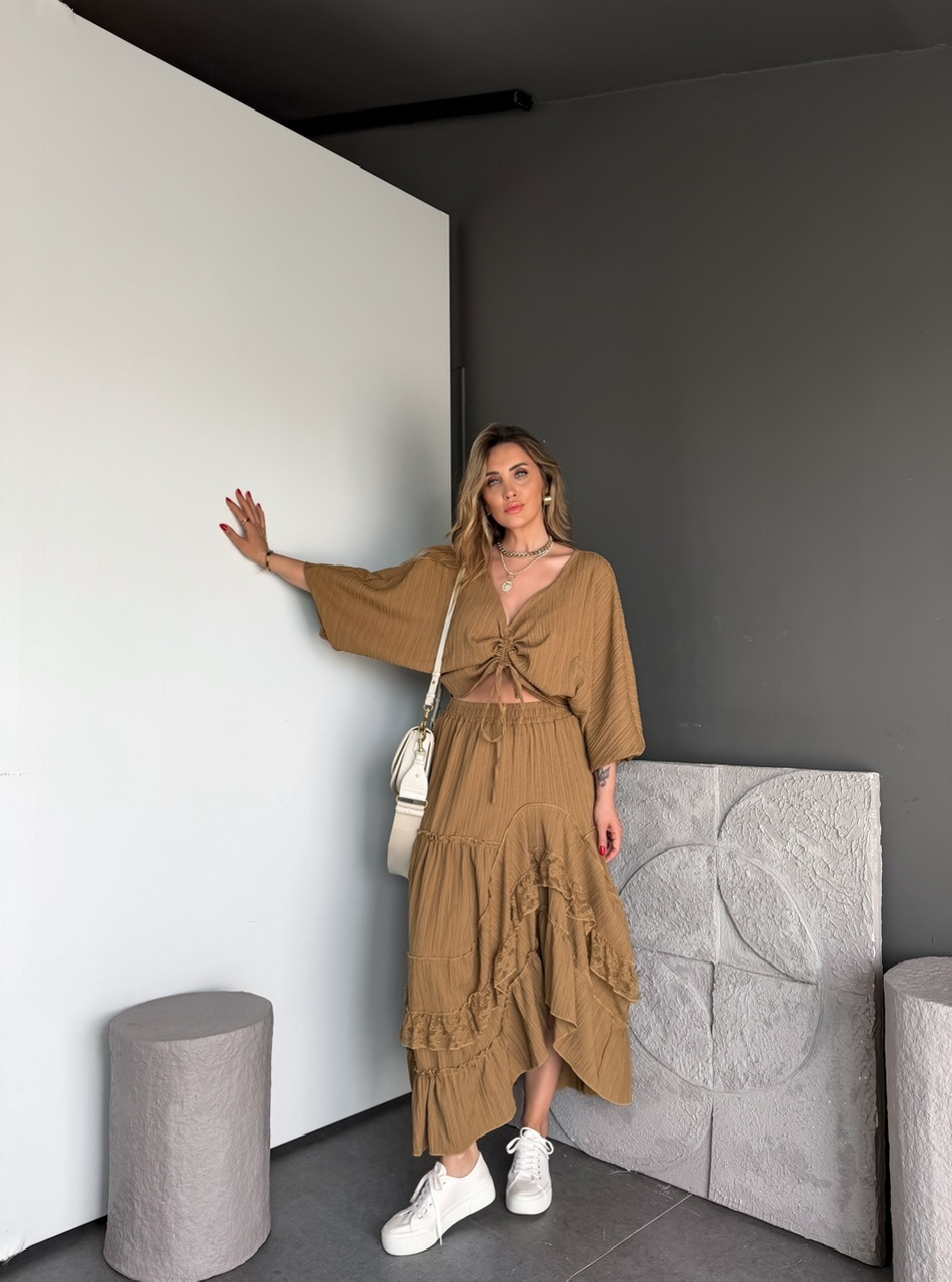 Camel Büzgü Detaylı Etekli Bohem Takım