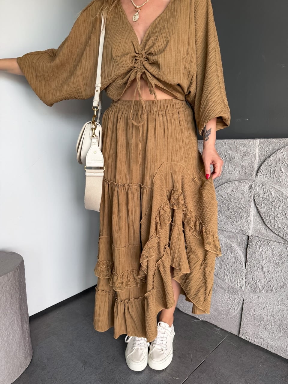 Camel Büzgü Detaylı Etekli Bohem Takım