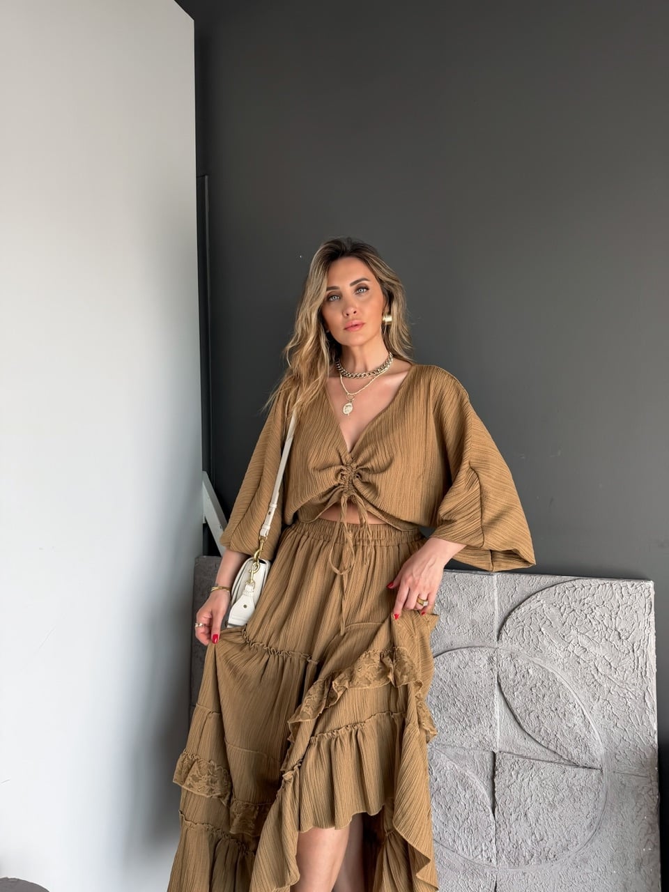 Camel Büzgü Detaylı Etekli Bohem Takım