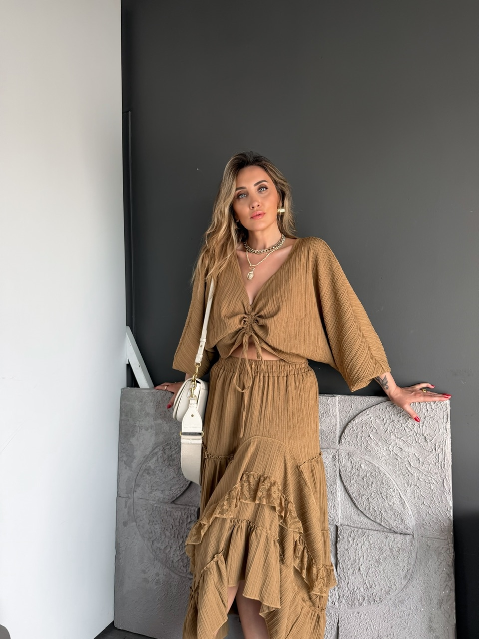 Camel Büzgü Detaylı Etekli Bohem Takım