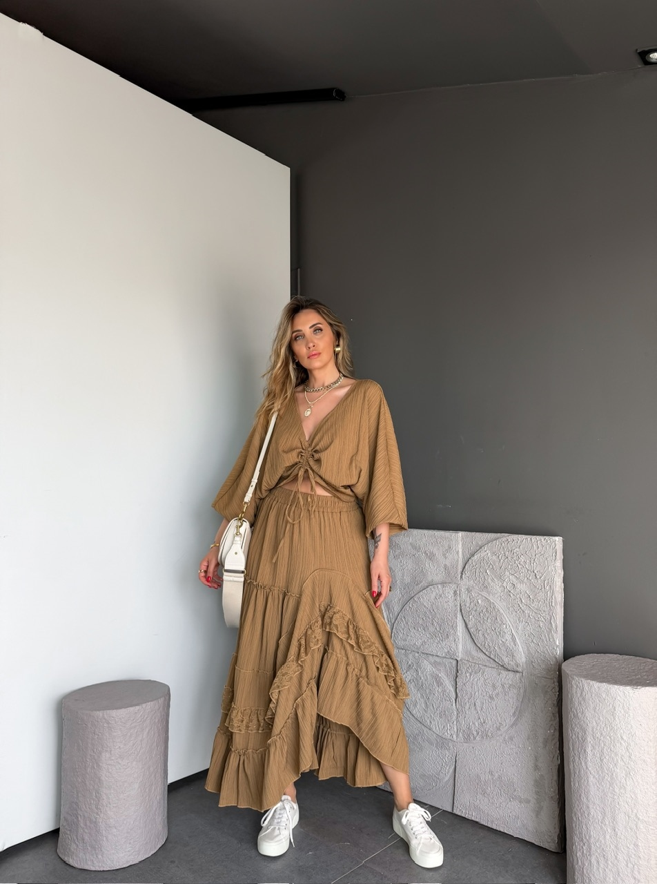 Camel Büzgü Detaylı Etekli Bohem Takım