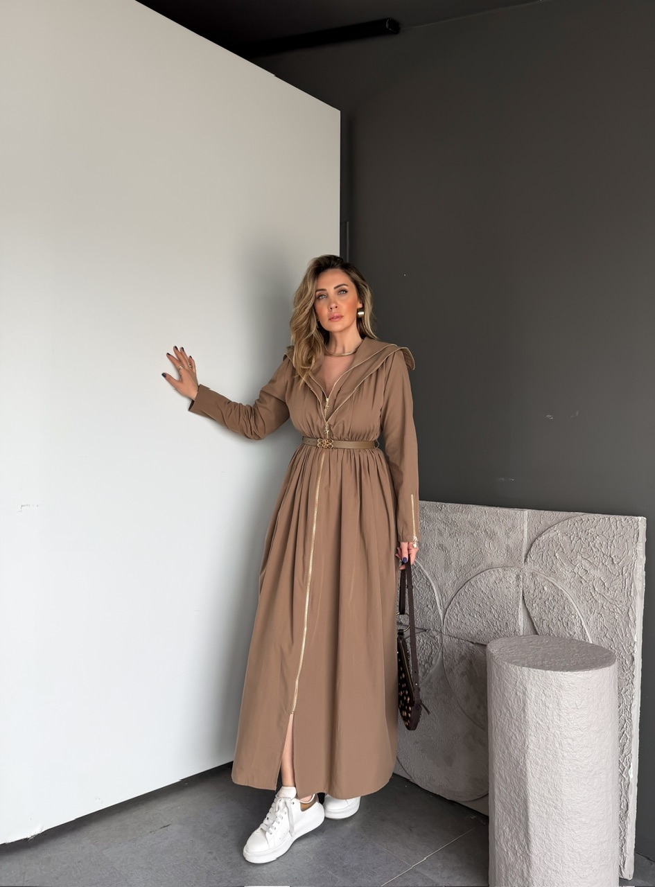 Camel Çift Fermuarlı Kemerli Elbise