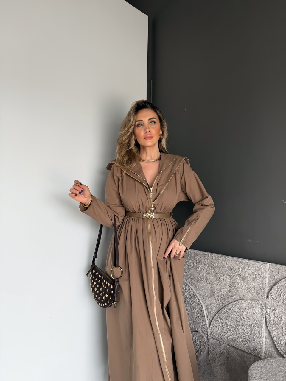 Camel Çift Fermuarlı Kemerli Elbise
