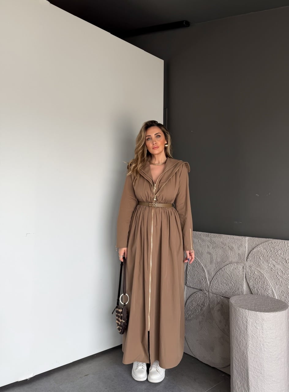 Camel Çift Fermuarlı Kemerli Elbise