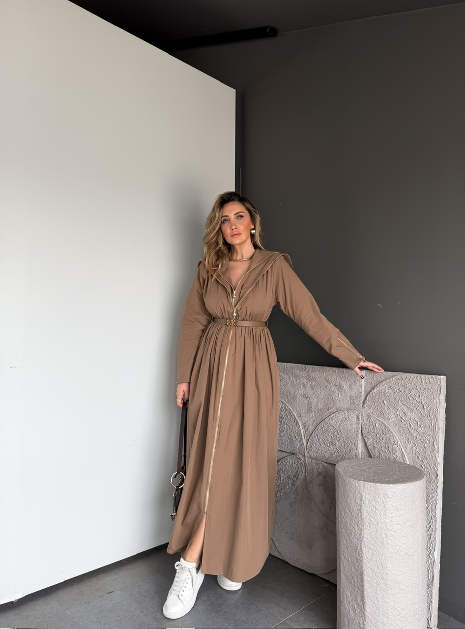 Camel Çift Fermuarlı Kemerli Elbise