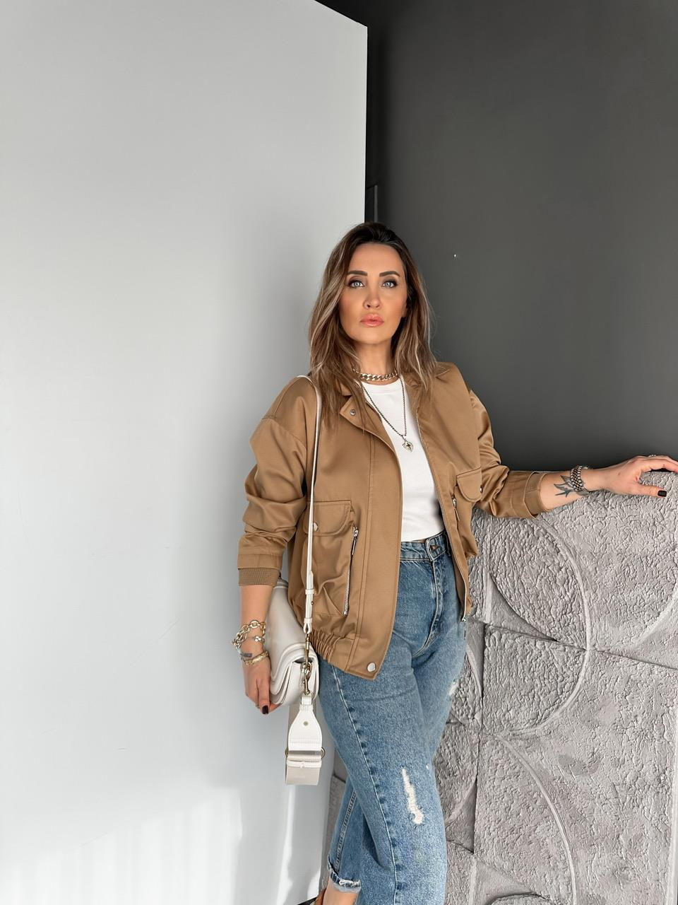 Camel Fermuarlı Çıtçıtlı Cepli Ceket