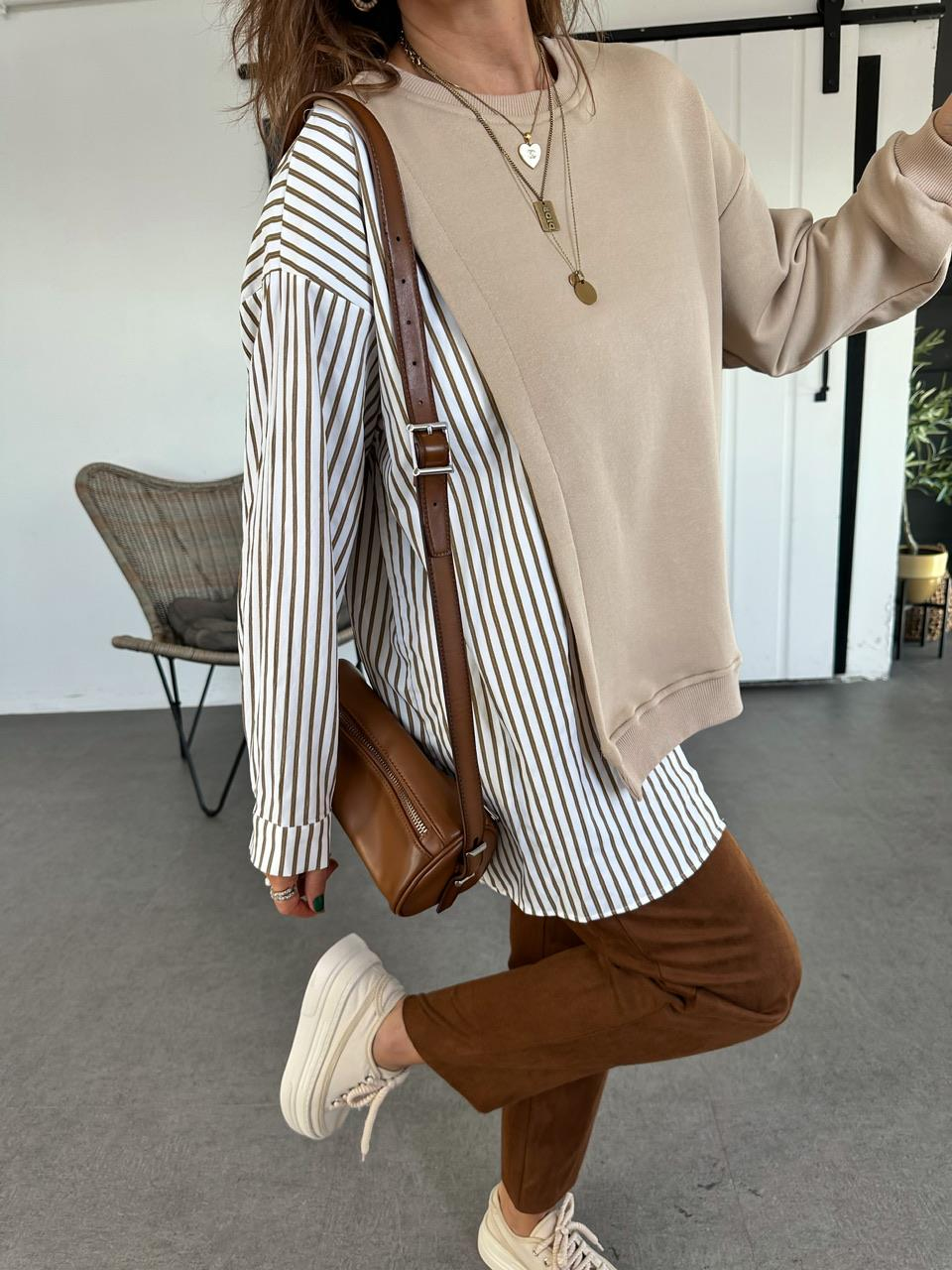 Camel Gömlek Parçalı Asimetrik Sweatshirt
