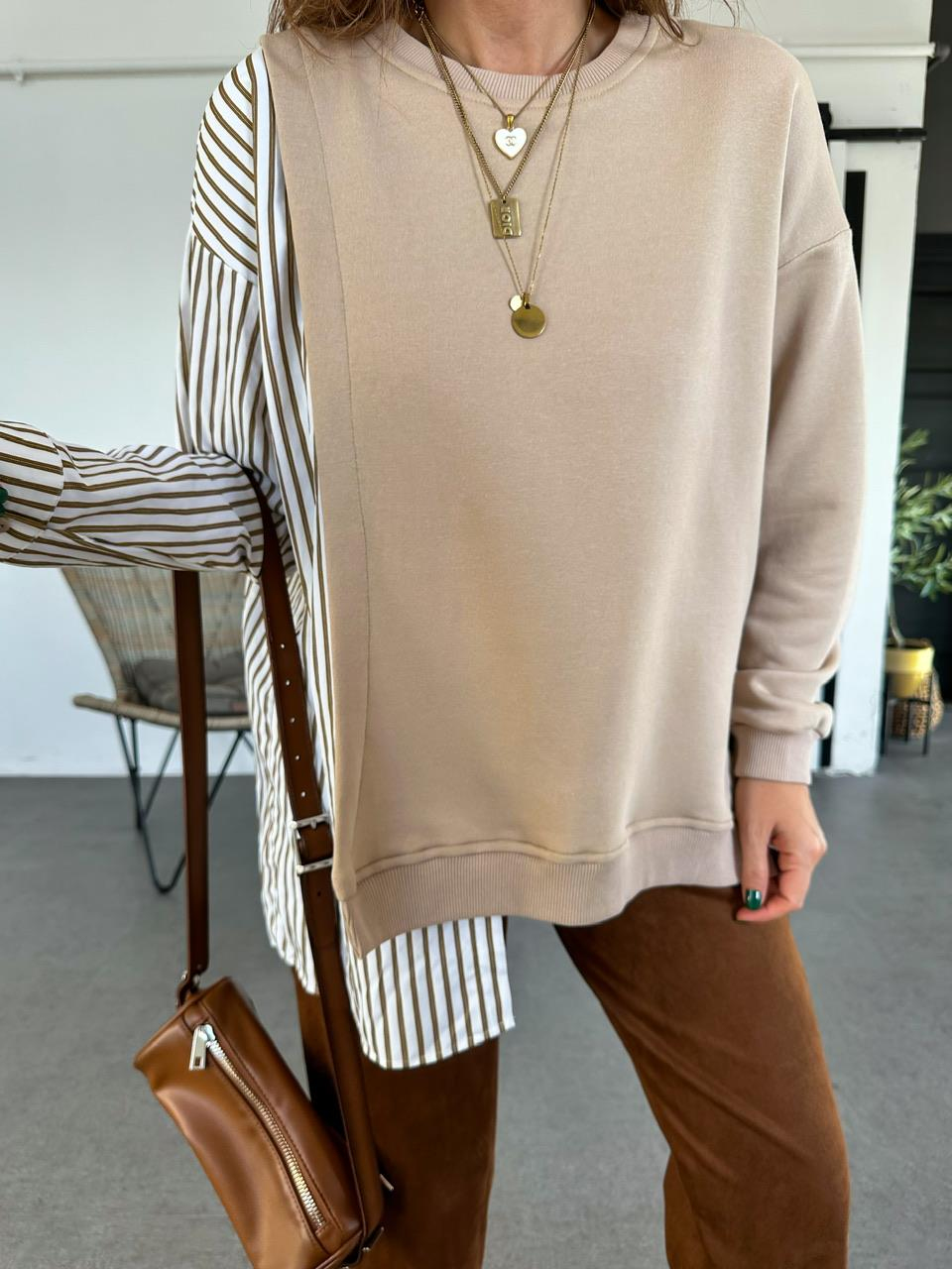 Camel Gömlek Parçalı Asimetrik Sweatshirt
