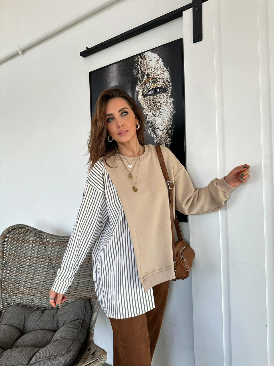 Camel Gömlek Parçalı Asimetrik Sweatshirt