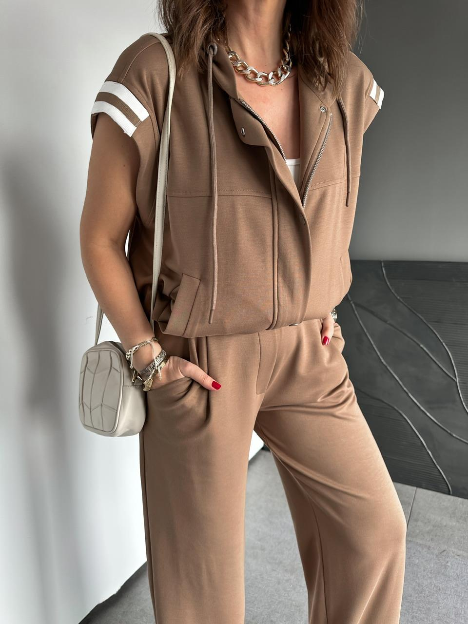 Camel Kapşonlu Şerit Detaylı Takım