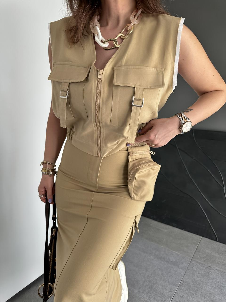 Camel Kargo Cepli Yelekli Takım