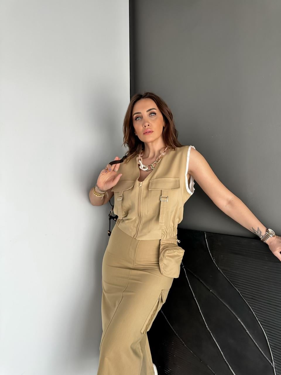 Camel Kargo Cepli Yelekli Takım