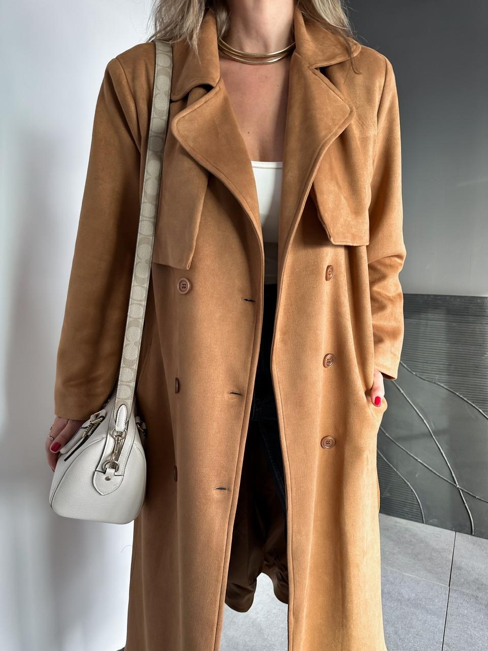 Camel Kuşaklı Süet Soft Trençkot