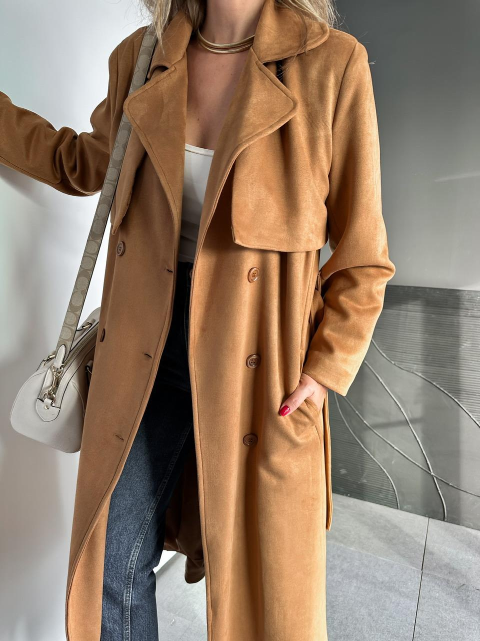 Camel Kuşaklı Süet Soft Trençkot