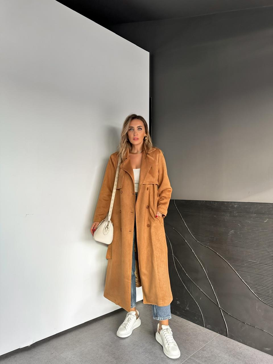 Camel Kuşaklı Süet Soft Trençkot
