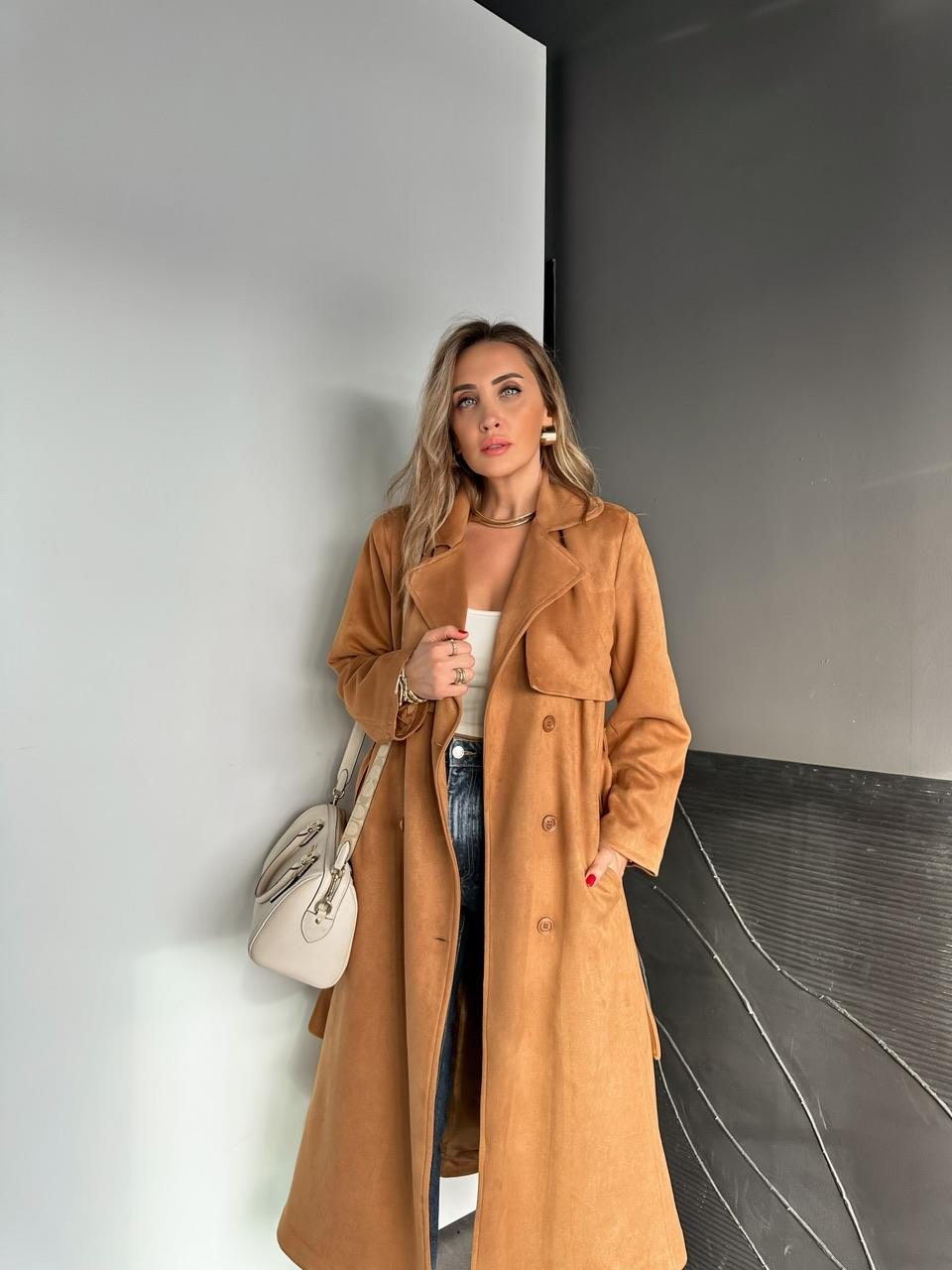 Camel Kuşaklı Süet Soft Trençkot