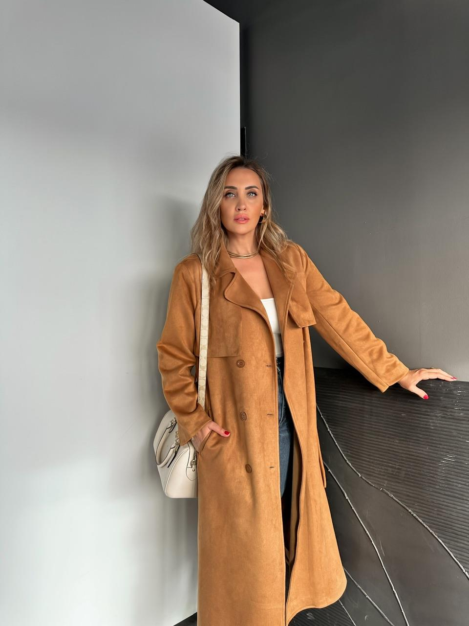 Camel Kuşaklı Süet Soft Trençkot