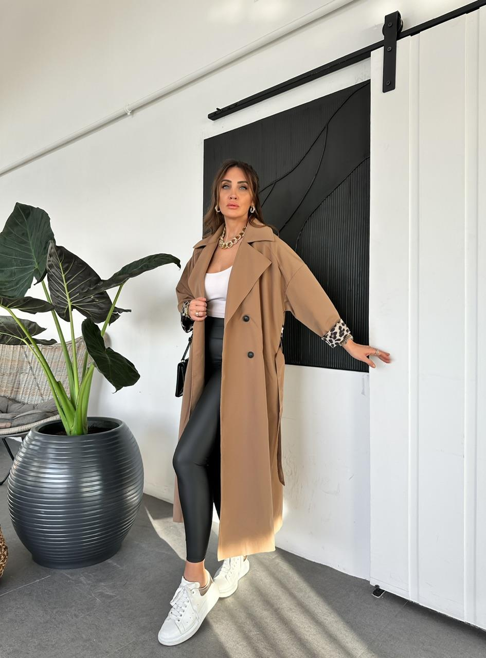 Camel Leopar Detaylı Trençkot