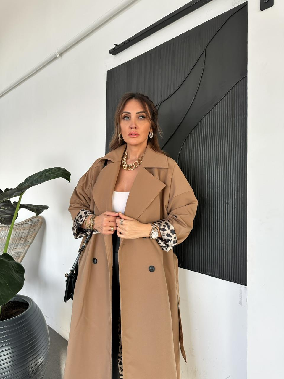 Camel Leopar Detaylı Trençkot