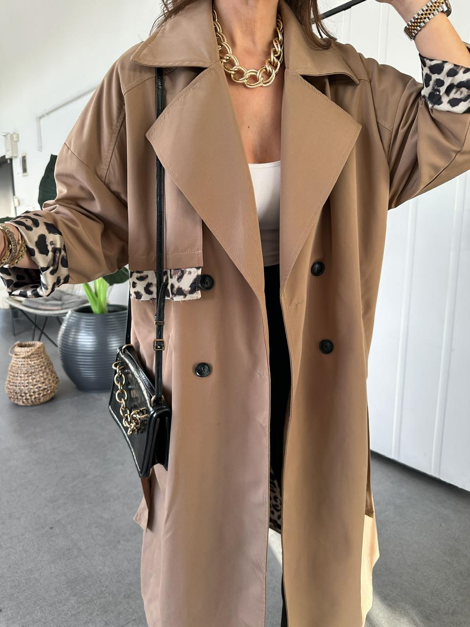 Camel Leopar Detaylı Trençkot