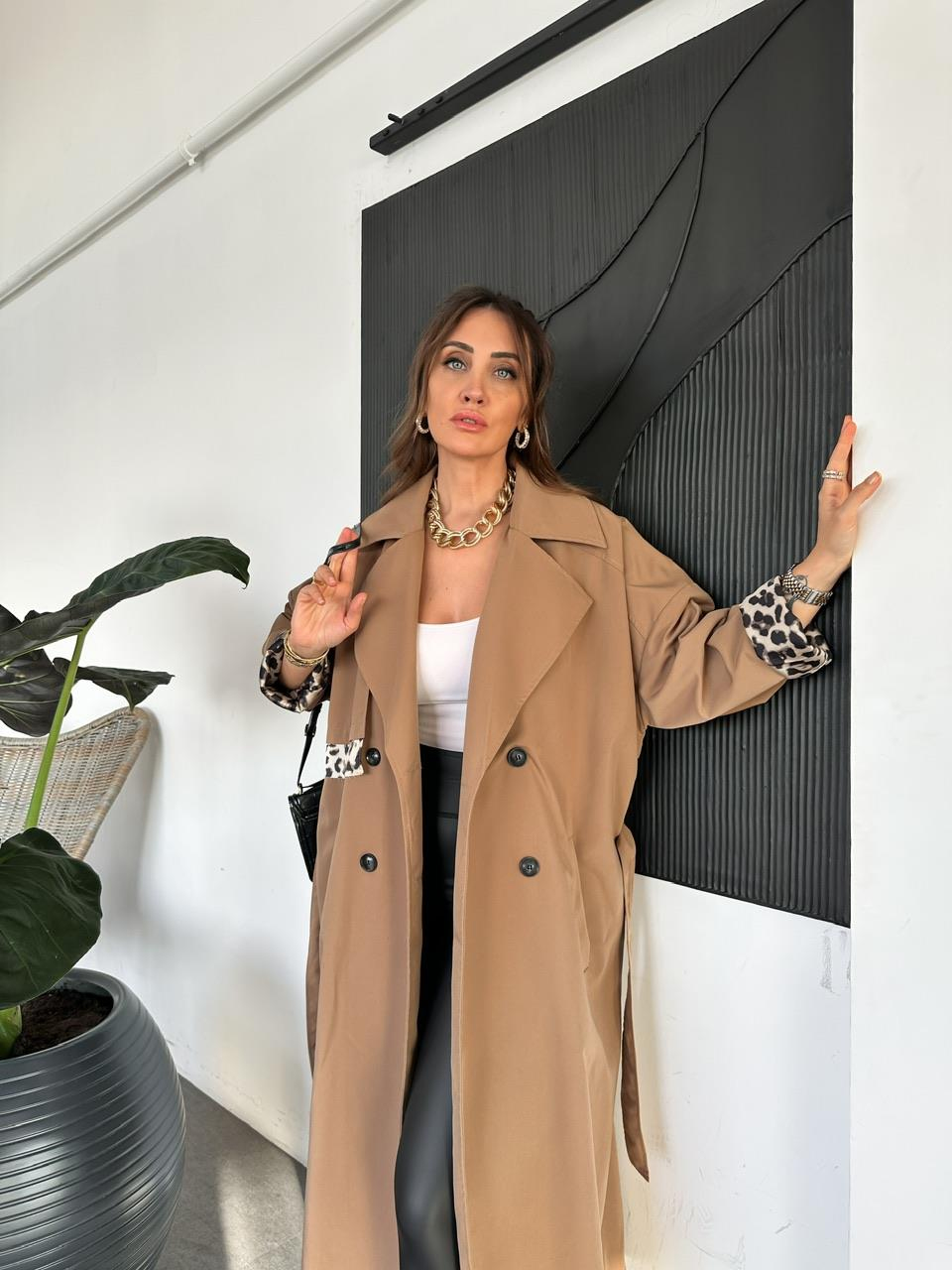 Camel Leopar Detaylı Trençkot